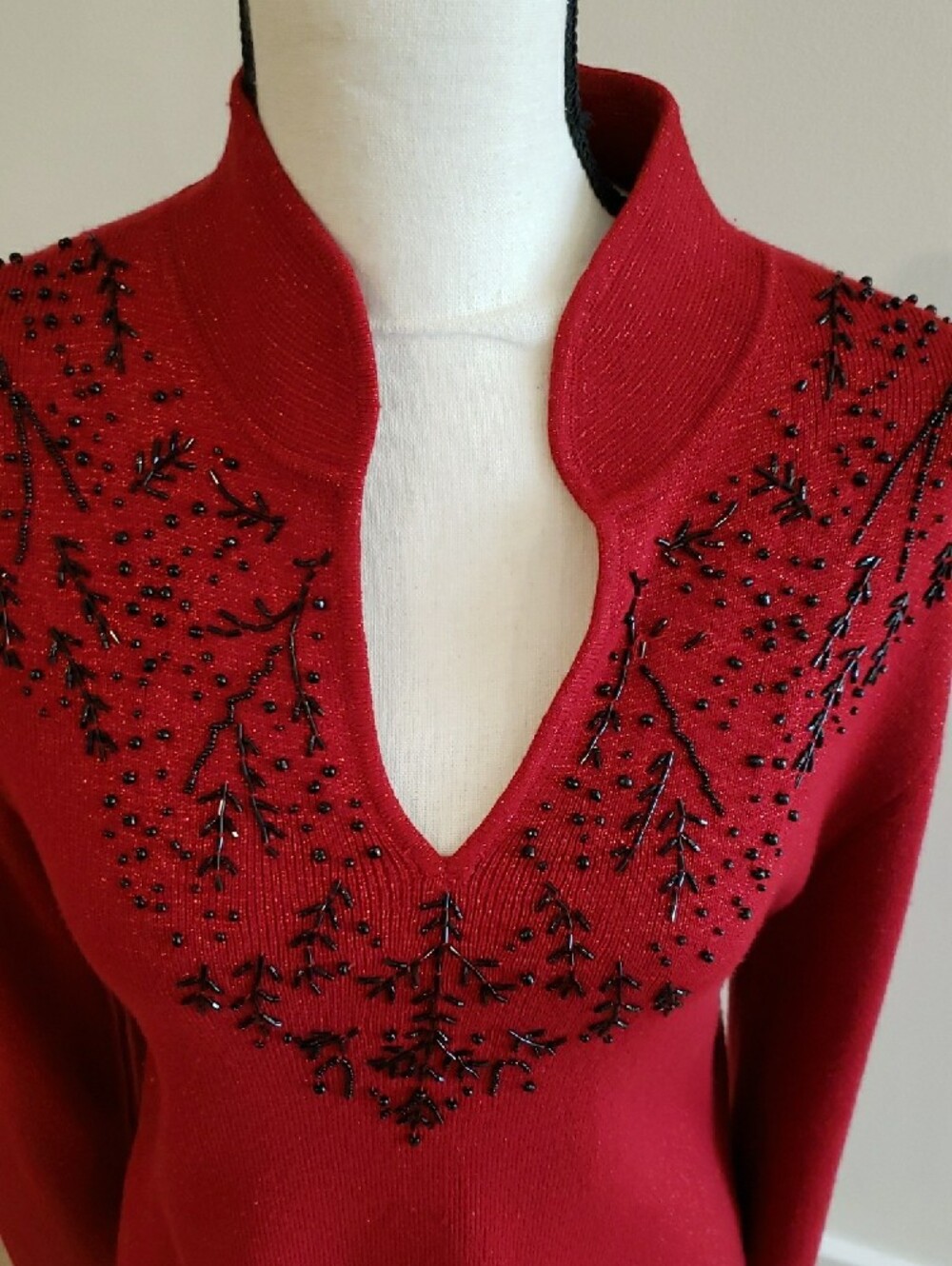 Red Knit Sweater with Black Bead Embellishments Sparkle Glimmer Fabric - Picture 2 of 6